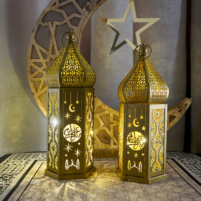 1pc Moroccan Style LED Lantern - Battery-Powered with 3 AAA Batteries (Not Included), Intricate Iron Design with Crescent Moon & Stars, Warm Glow for Ramadan Eid Weddings Home Decor, Tabletop Decoration | Decorative LED Lante