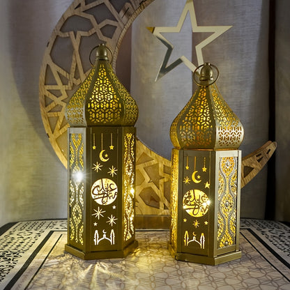 1pc Moroccan Style LED Lantern - Battery-Powered with 3 AAA Batteries (Not Included), Intricate Iron Design with Crescent Moon & Stars, Warm Glow for Ramadan Eid Weddings Home Decor, Tabletop Decoration | Decorative LED Lante