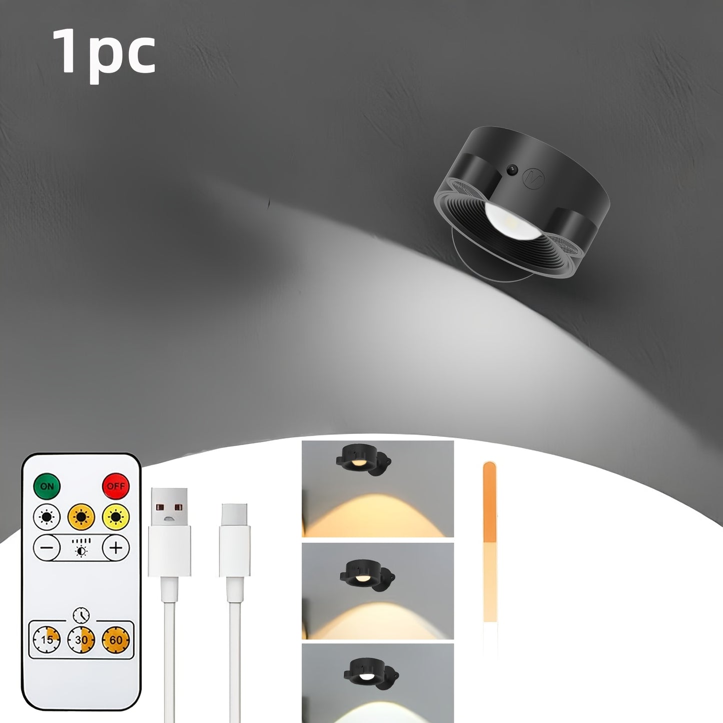 Rechargeable LED Wall Lamp – 360° Rotating Spotlight with Remote & Touch Control, 3-Color Dimming for Home & Gallery