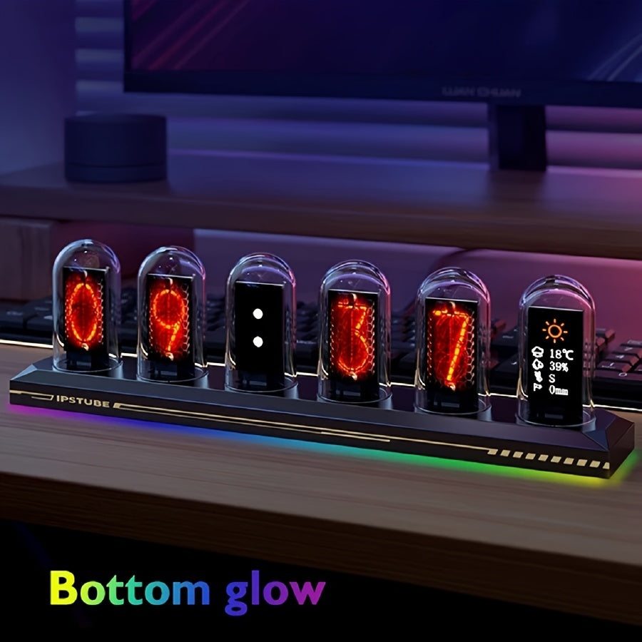 RGB LED Nixie Tube Clock – DIY IPS Display with 16M Colors, App Control, Temp & Weather Display, Modern Home Decor Gift