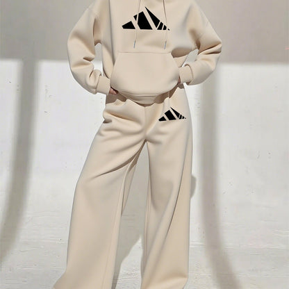 Women’s Winter Hooded Sweatshirt & Jogger Set – Casual Pullover with Letter Print, Pockets & Drawstring Waist