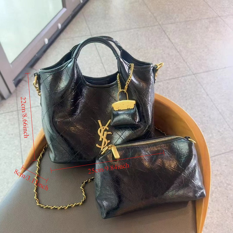 Women’s 2026  Luxury Chain-Link Convertible Handbag – Magnetic Closure Second-Layer Leather Tote with Polyester Lining, 10+ Styling Options (White/Black)