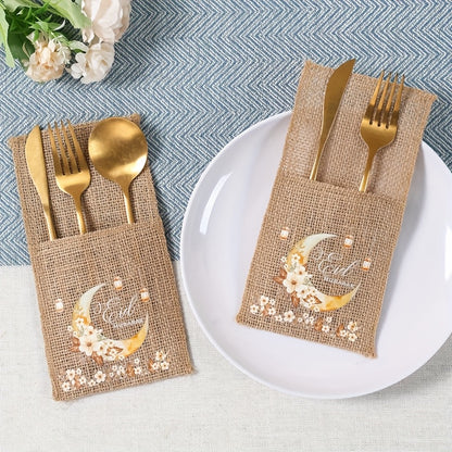 Set of 5 Eid-Themed Linen Bags Featuring Moon Lanterns And Flowers, Perfect for Ramadan Celebrations. These Burlap Bags Are Ideal for Eid Mubarak Decorations at Home And for Islamic Muslim Party Supplies, Including Tableware
