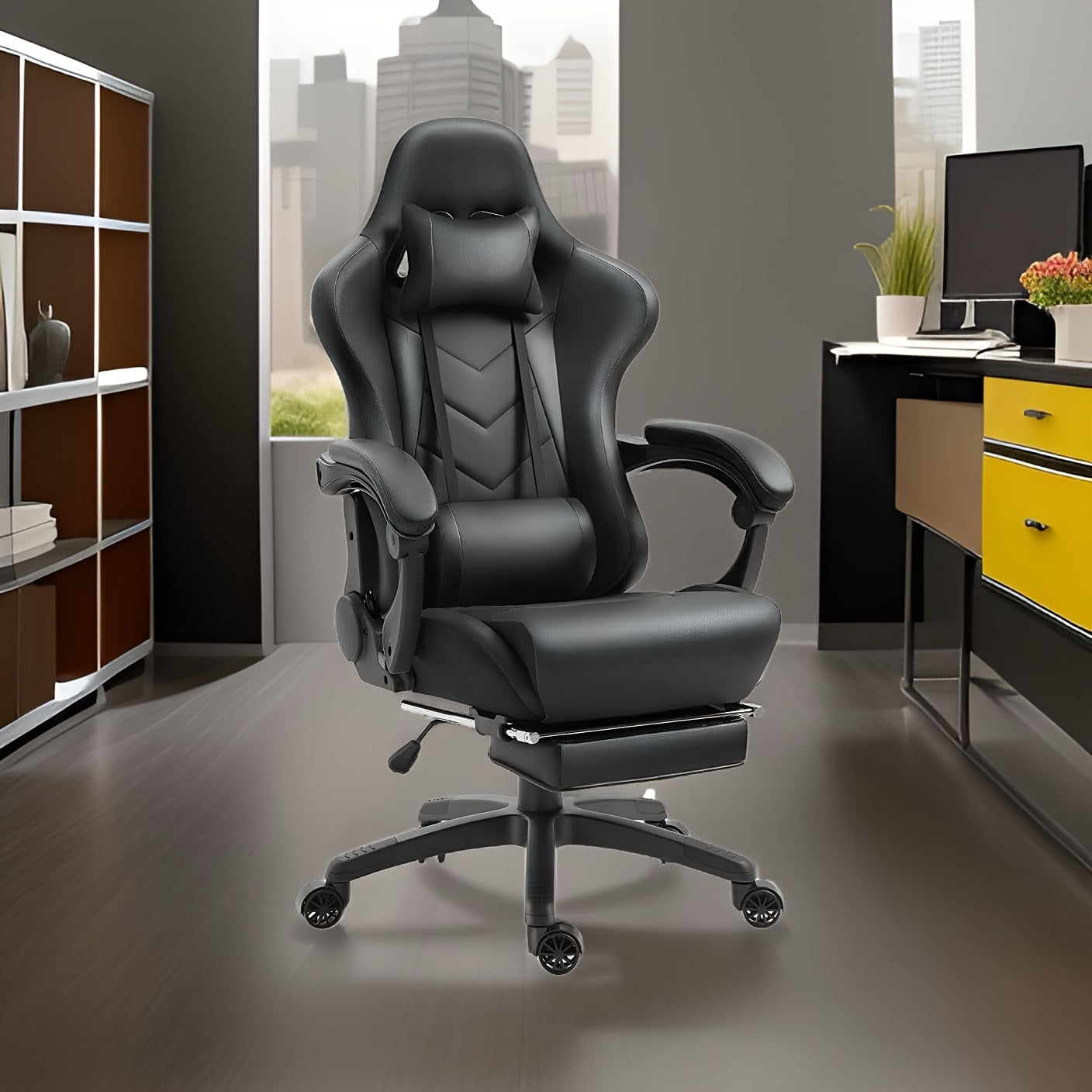 Ergonomic Gaming Chair – Adjustable High-Back Faux Leather Seat with Lumbar Support & Silent Casters, Black