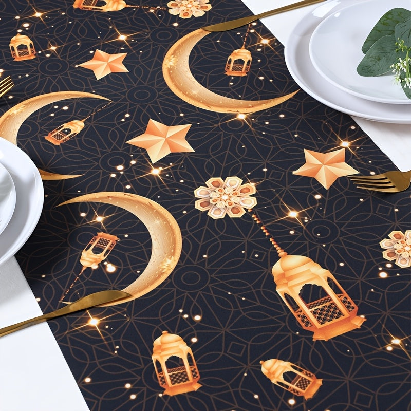 1pc Eid Mubarak Table Runner | Moon Star Sun Design Black Golden Table Runner, Ramadan Kareem Table Decor, Polyester Rectangle, Ramadan Decorations For Home, Muslim Party Decoration Eid Al Adha Gifts