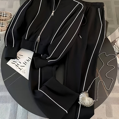 طقم نسائي من قطعتين، جاكيت بسحاب متعدد الألوان وبنطلون برباط، مناسب للربيع والخريف