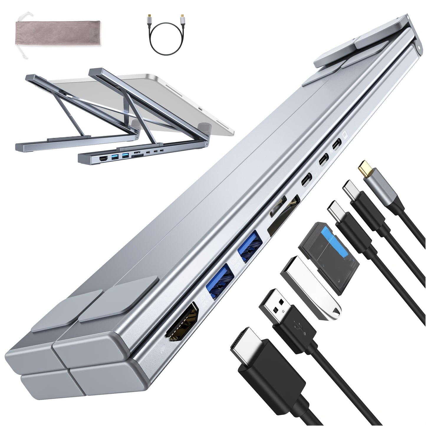 2025 Upgrade 8-in-1 USB-C Hub Laptop Stand – 100W PD Fast Charging, 4K HDMI, SD/TF, Dual USB 3.1 Ports, Sleek Design