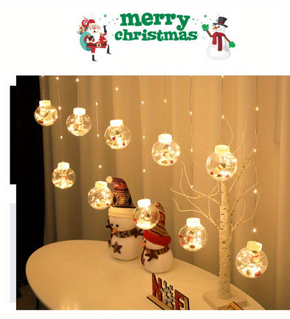 LED Christmas Curtain Lights – Wishing Ball & Snowman Hanging Decorations, Battery-Powered Indoor/Outdoor Holiday Light Set with Push-Button Control