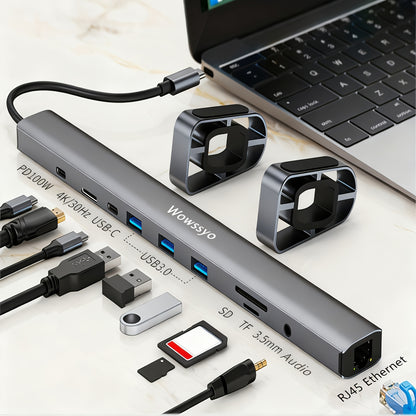 Wowssyo 10-in-1 USB-C Docking Station – Triple Display Hub with 4K HDMI, 100W PD, Ethernet, SD/TF, Audio & USB 3.0