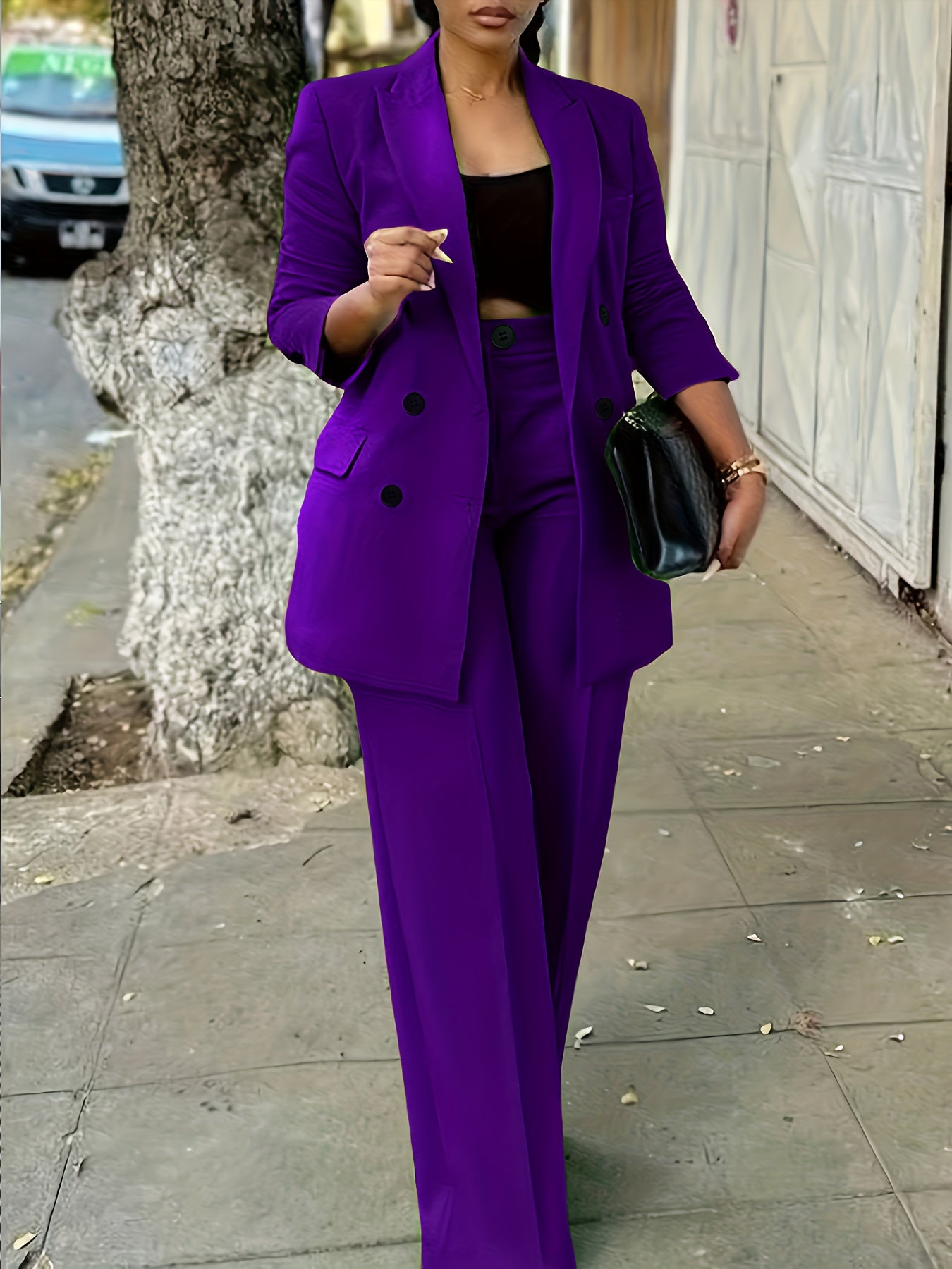 Women's Casual Double-Breasted Blazer and Straight-Leg Pants Suit Set