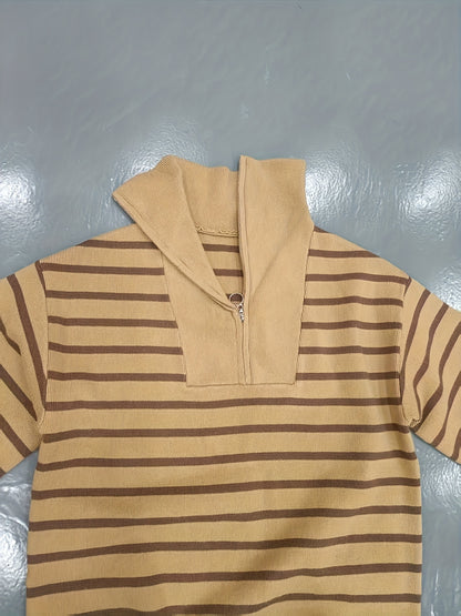 طقم هودي وبنطال مخطط عتيق للنساء - طقم بني مريح من قطعتين لفصل الخريف/الشتاء مع ياقة واقفة وأكمام طويلة وقصة فضفاضة غير رسمية