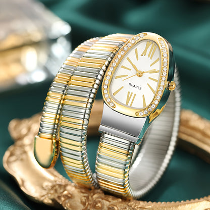 Women’s Elegant Serpentine-Design Quartz Watch – Golden-Tone Alloy Strap with Roman Numerals, Stylish Daily Wear Timepiece