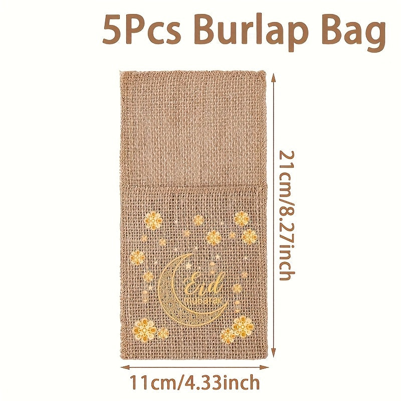 Set of 5 Burlap Bags Featuring Flowers, Perfect for Eid And Ramadan. These Bags Can Hold Knives And Forks And Serve As Festive Decorations for Your Home, Ideal for Islamic Muslim Gatherings And Tableware