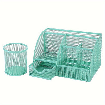 2-Piece Mesh Desk Organizer Set with Sticky Note Holder – Expandable Rustproof Iron Caddy for Home, Office & School Supplies (Black, Green, Pink, Purple)