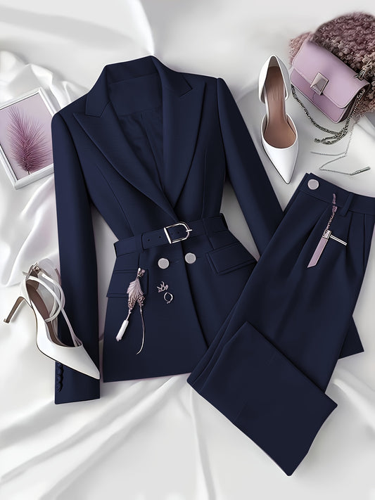 Elegant Solid Color Belted Blazer & Long Pants Suit – Chic Spring/Summer Office Wear for Women with Pockets