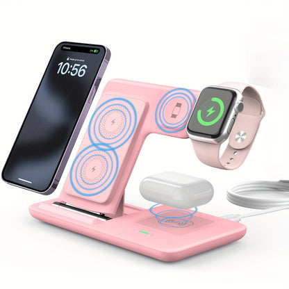 3-in-1 Magnetic Wireless Charging Station – Adjustable Stand USB Charger for iPhone, Apple Watch & AirPods (No Battery Needed)