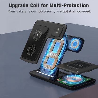 3-in-1 Magnetic Wireless Charging Station – Adjustable Stand USB Charger for iPhone, Apple Watch & AirPods (No Battery Needed)