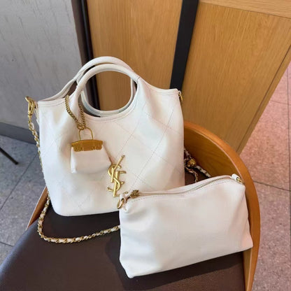 Women’s 2026  Luxury Chain-Link Convertible Handbag – Magnetic Closure Second-Layer Leather Tote with Polyester Lining, 10+ Styling Options (White/Black)