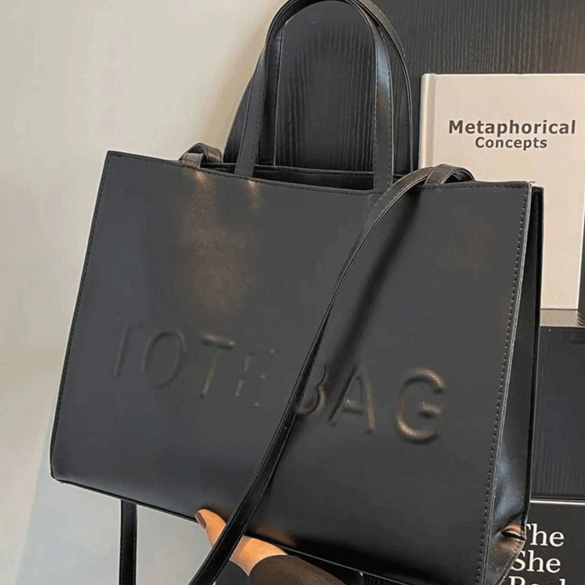 PU Textured Large-Capacity Women’s Tote Bag — Vintage Commuter Shoulder & Crossbody Bag with ‘TOTE BAG’ Embossed Design, Durable and Lightweight, Ideal for Work, Business & School, Available in Black, Brown, and Silve