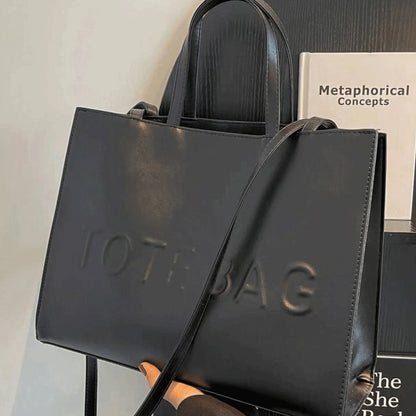 PU Textured Large-Capacity Women’s Tote Bag — Vintage Commuter Shoulder & Crossbody Bag with ‘TOTE BAG’ Embossed Design, Durable and Lightweight, Ideal for Work, Business & School, Available in Black, Brown, and Silve
