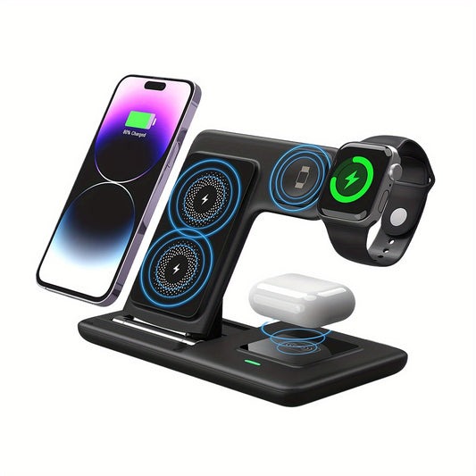 3-in-1 Magnetic Wireless Charging Station – Adjustable Stand USB Charger for iPhone, Apple Watch & AirPods (No Battery Needed)