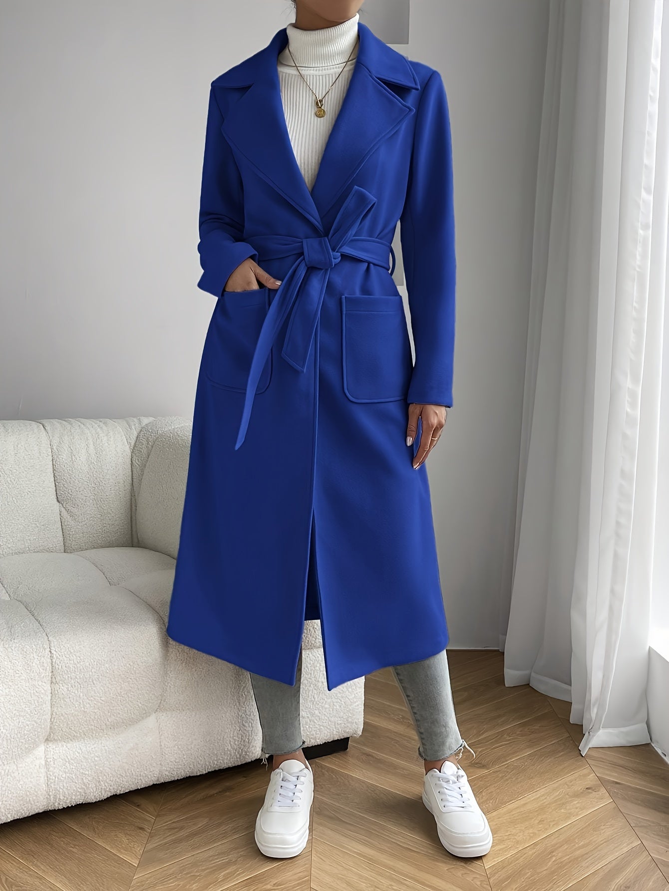 Women's Elegant Beige Trench Coat – Belted Long Sleeve Jacket with Pockets, Classic Collar & Structured Design for Spring & Fall