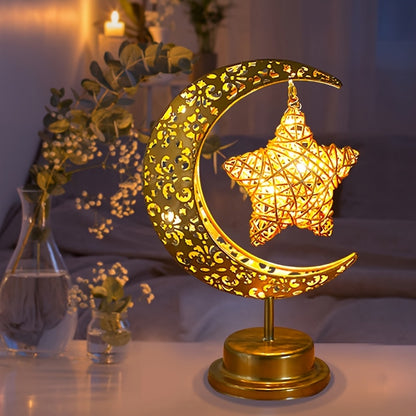 [Boho Star Night Light] Shenzhi Tech Star & Moon Metal Rattan Night Light | Decorative LED Lamp with Golden Crescent Moon & Star Design, Perfect for Bedroom, Kitchen Table, or Desk Decor, Boho Home Ambient Lighting, Table Lam