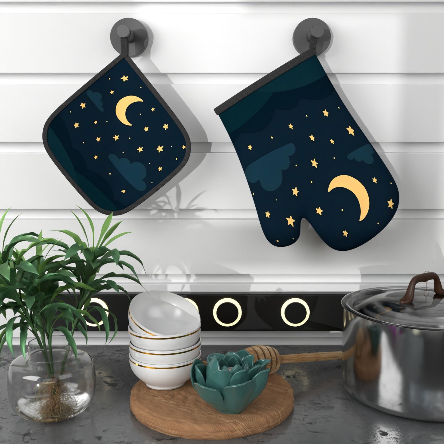 قطعتان من قفازات الفرن وحاملات الأواني المزخرفة | 26.92 × 17.02 سم، عزل حراري ممتاز، بوليستر، قابلة للغسل في الغسالة، مناسبة لتزيين المطبخ، والطبخ، والشواء، والخبز، والتخييم، والاستخدام اليومي في المطبخ، وحفلات المنزل