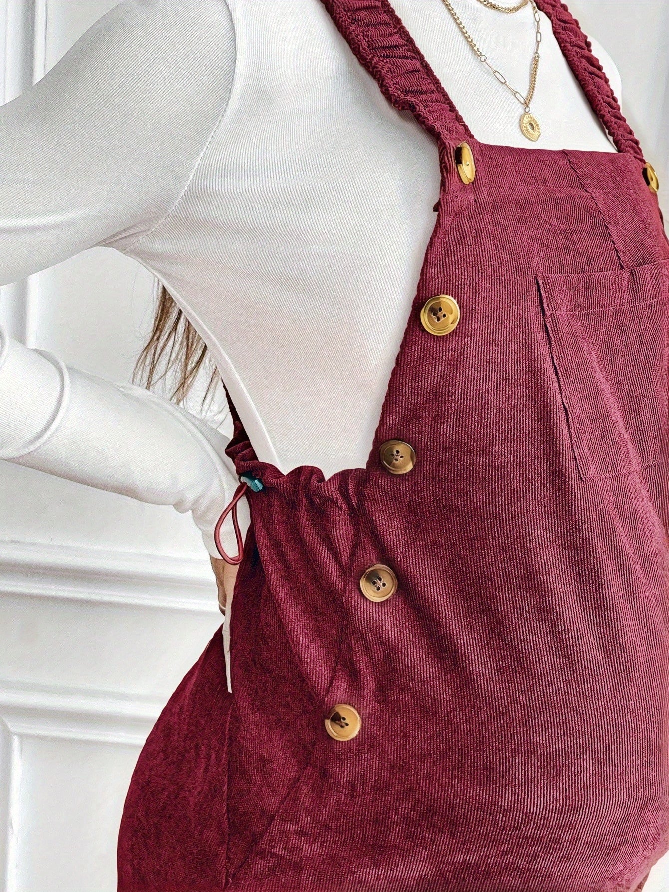 Women’s Maternity Oversized Trousers – Full-Length Corduroy-Style Pregnancy Pants with Adjustable Drawstring Waist & Golden-Tone Buttons