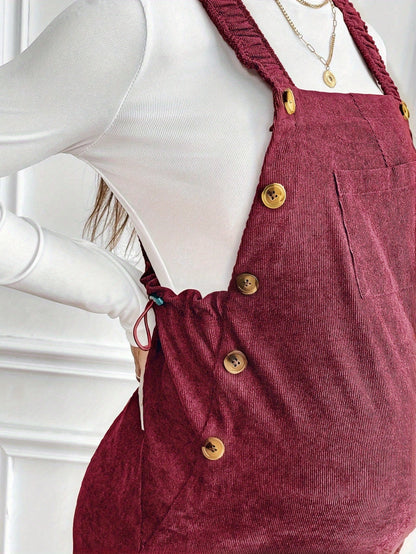 Women’s Maternity Oversized Trousers – Full-Length Corduroy-Style Pregnancy Pants with Adjustable Drawstring Waist & Golden-Tone Buttons