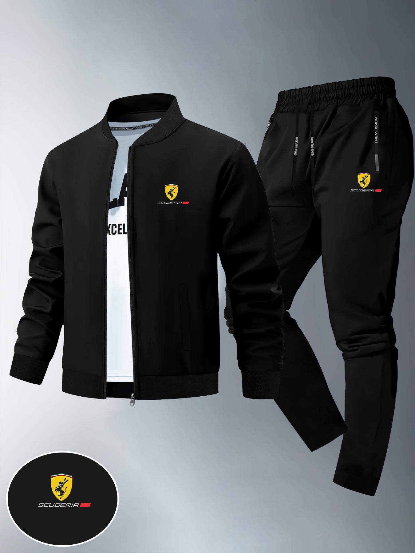 طقم من قطعتين يتكون من سترة ضيقة وبنطال رياضي طويل للرجال، يتميز بطبعات الفريق، ونمط بسحاب، مصنوع من قماش ناعم، مناسب للارتداء غير الرسمي في فصلي الخريف والشتاء.