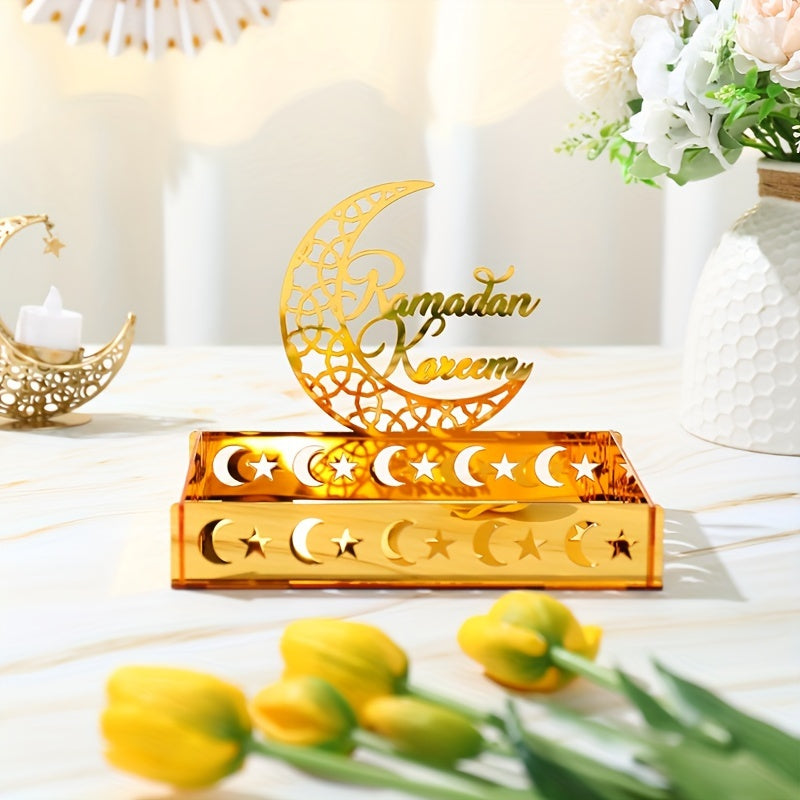 1pc Ramadan Kareem Acrylic Tray | Moon Star Castle Eid Mubarak Table Centerpiece, Ramadan Decoration for Home, Ramadan Mubarak Eid Al-Fitr Gifts, Islamic Muslim Party Supplies Ornament, Table Decor - FengRise