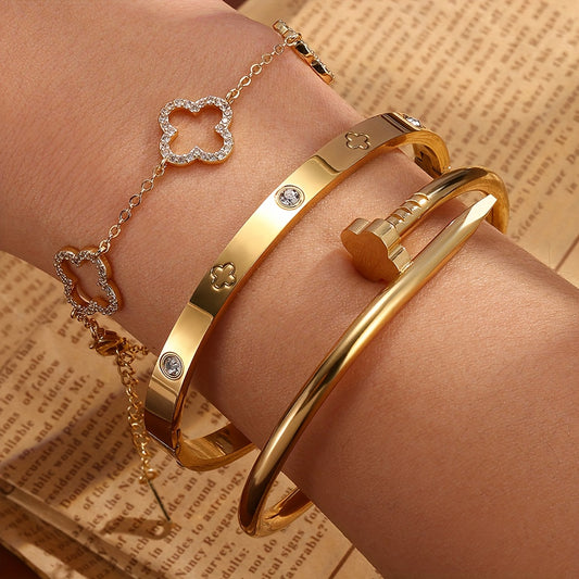 Women’s 3-Piece Four-Leaf Flower Jewelry Set – European & American Trendy Stainless Steel Bracelets with Shiny Zirconia Inlay, Perfect for Daily Wear & Parties