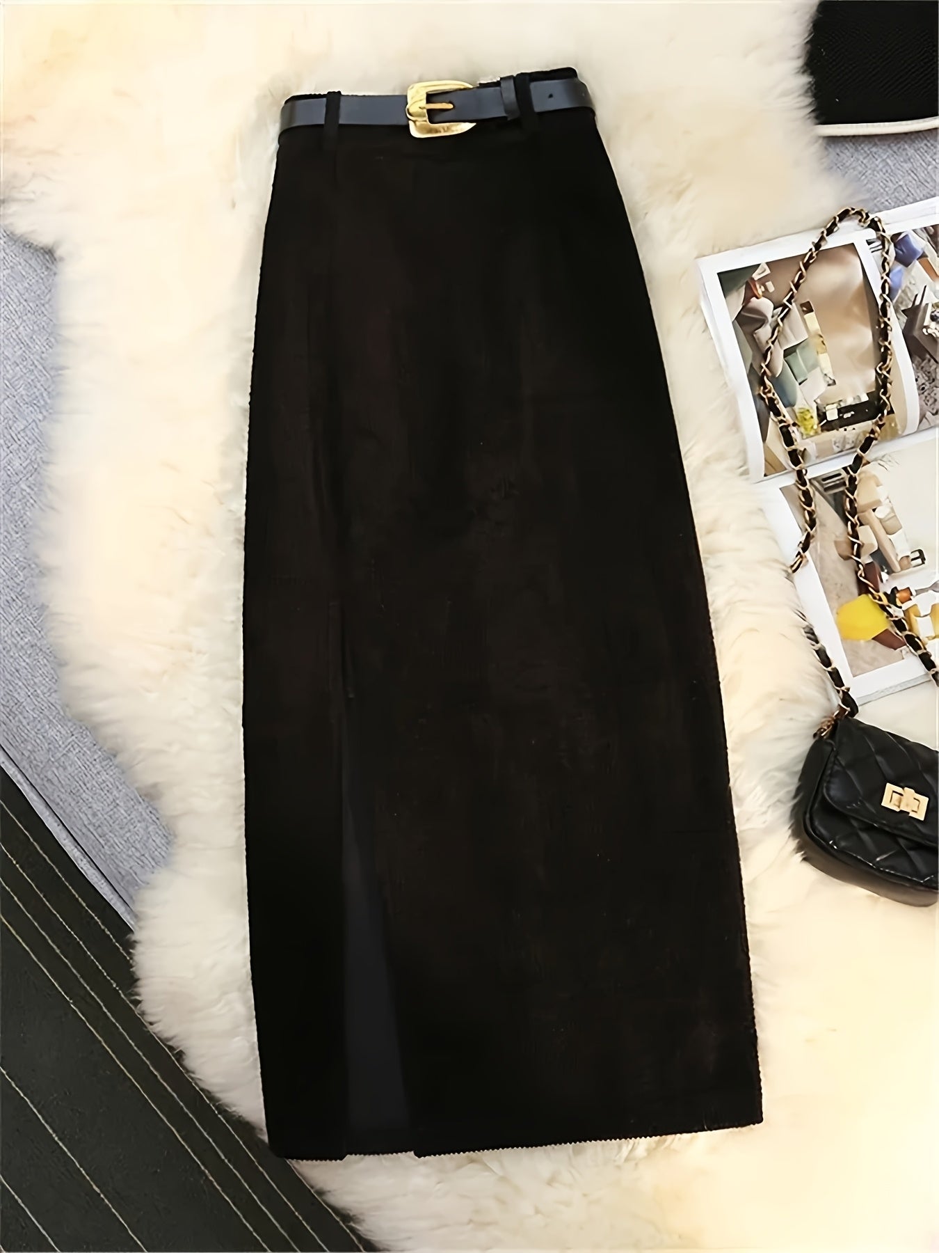 Women’s 3-Piece High-Waisted Ribbed Skirt Set – Black, Beige & Light Brown Long Skirts with Golden Belt Accents for Casual or Dressy All-Season Wear