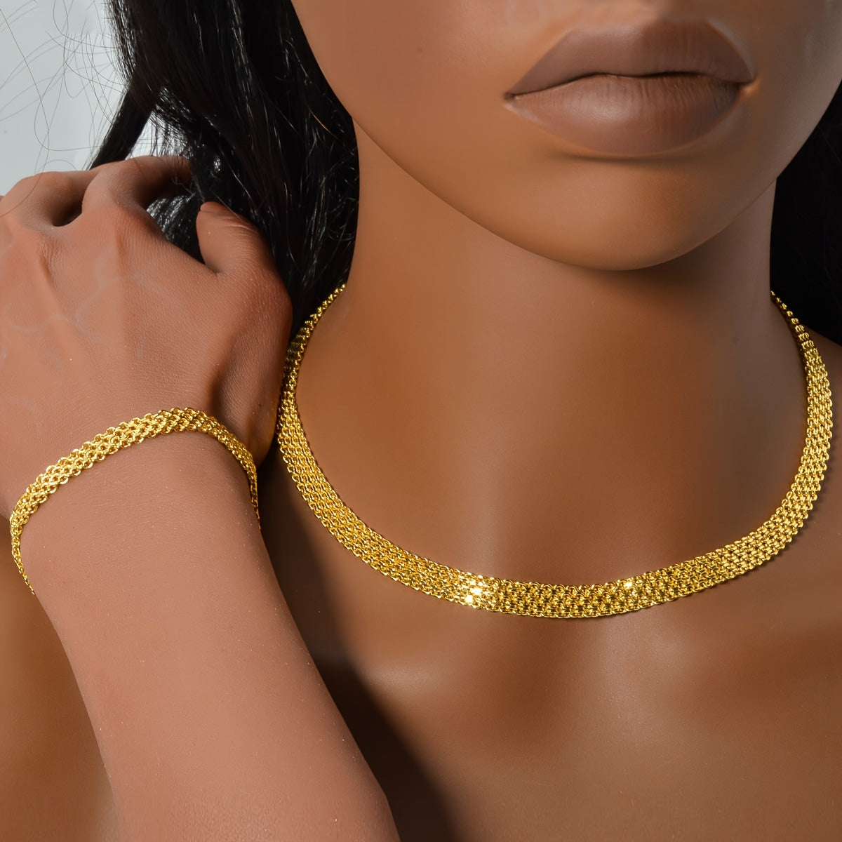 Women’s Woven Chain Jewelry Set – Necklace & Bracelet with Golden Copper Beads for Daily Wear, Parties & Festivals