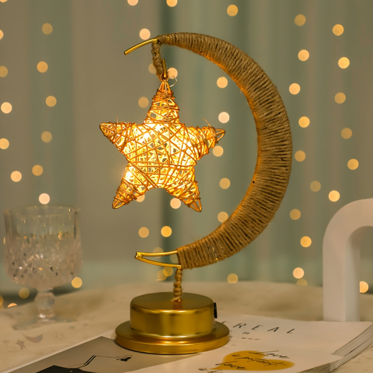 1pc LED Iron Art Hemp Rope Star and Moon Lamp Suitable for Festive Parties, Home Bedroom Table Light Atmosphere Modeling, Christmas, New Year, Eid al-Fitr and Ramadan Decoration Lighting (without Battery, Warm Light)