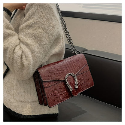 Women’s Luxury Crocodile-Embossed Crossbody Bag – Vintage Faux Leather Shoulder Purse with Adjustable Chain Strap, Zipper & Snap Closure, G-Style Design