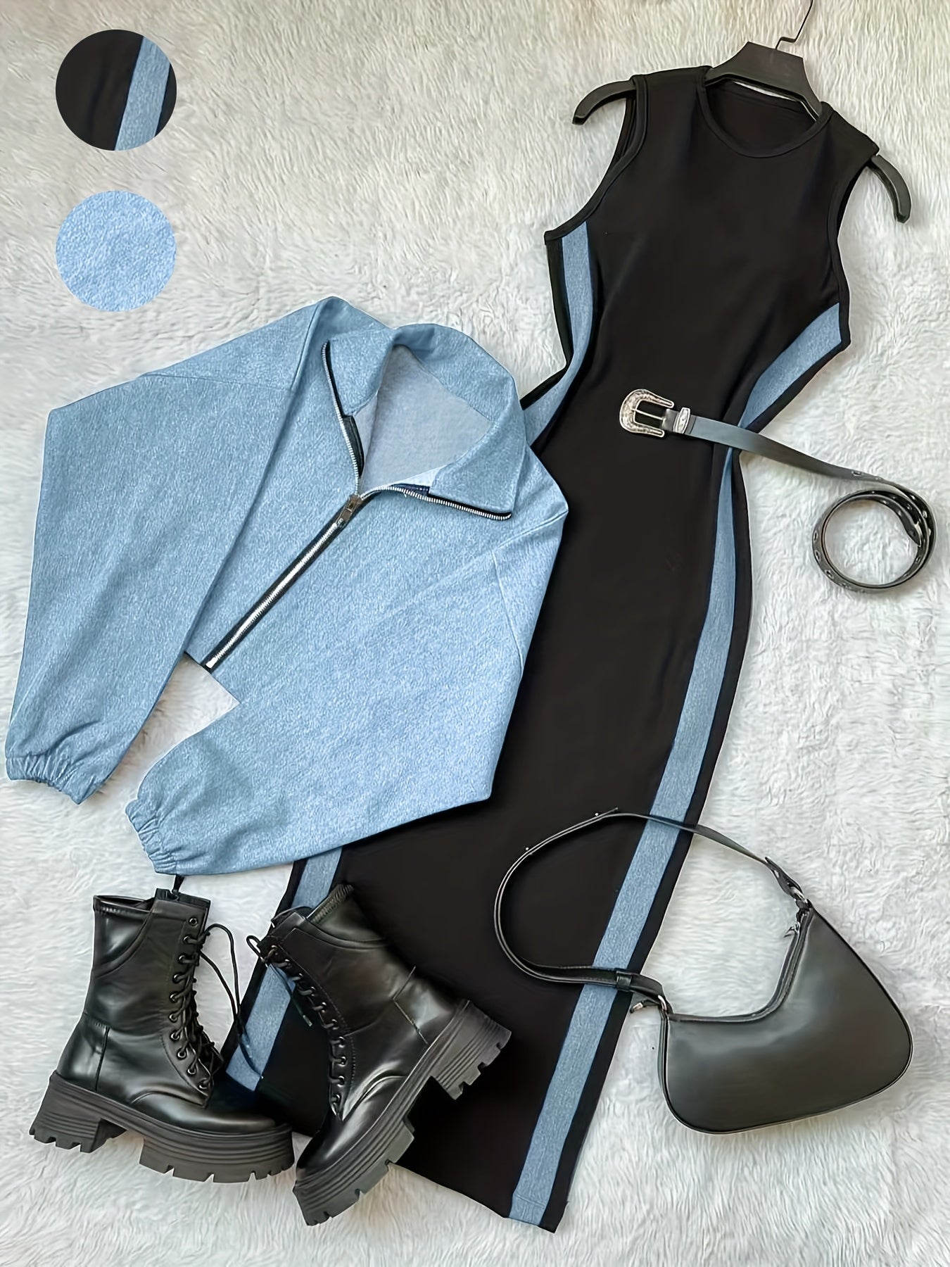 طقم بليزر وفستان نسائي من مجموعة Y2K بألوان متعددة - جاكيت أزرق بأكمام طويلة وسحاب مع فستان بيج بدون أكمام بقصة ضيقة، مناسب للمكتب والشارع في الربيع/الخريف