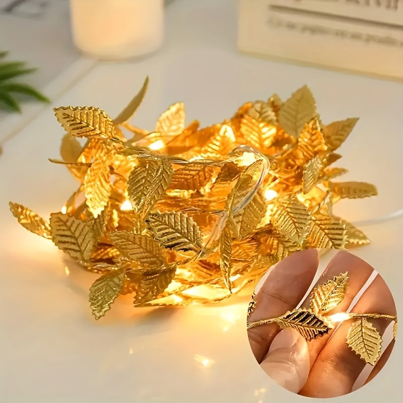 Golden Leaf Garland Fairy Lights | Plastic, Warm White LED, Battery Powered (2 Batteries Not Included), Ideal for Home, Tabletop, Wedding, Ramadan, Special Event Decorations - Featherless, No Batteries Included
