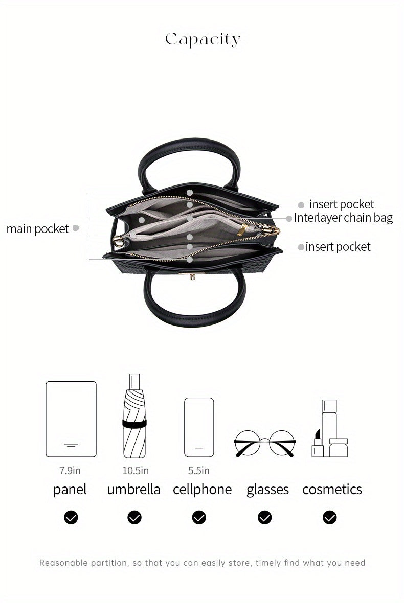 Women’s Crocodile-Pattern Tote Handbag – Large Capacity Daily Use Bag with Zipper Closure & Adjustable Shoulder Strap, Fashionable Office & Travel Accessory