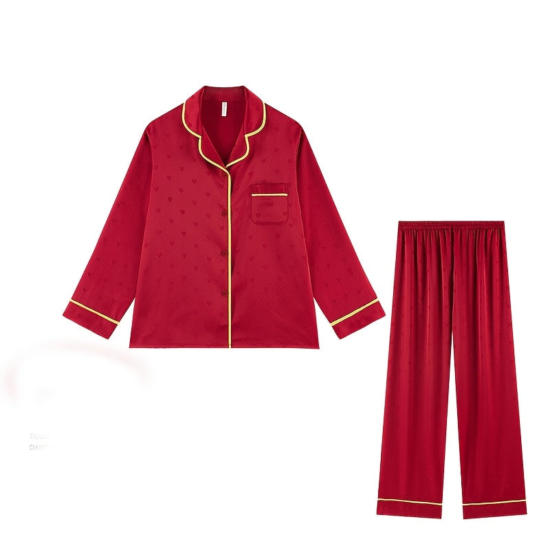 Women’s Elegant Red Heart-Pattern Pajama Set – Soft Long-Sleeve Top & Pants with Lapel Collar and Button Details for Spring/Fall