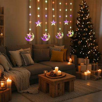 ستارة إضاءة دافئة على شكل هلال ونجمة، بطول 200 سم/78.74 بوصة، أضواء سلسلة LED رمضانية، مناسبة لتزيين غرف النوم، وتزيين الجدران والنوافذ، خيار مثالي لرمضان، عيد الفطر، رمضان مبارك، للمنزل