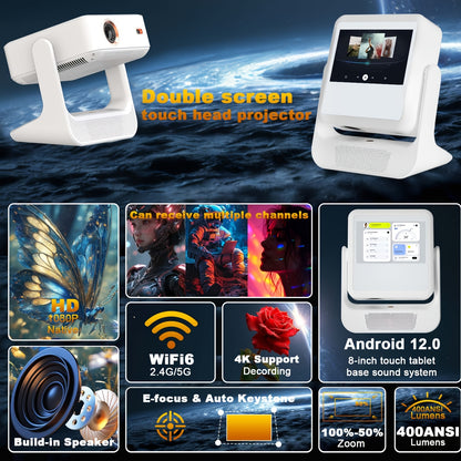 A2 Pro Smart Projector with 8-Inch Touch Screen – Android 12, Native 1080P HD, 4K Compatible Home Theater Projector with Autofocus & Auto Keystone Correction