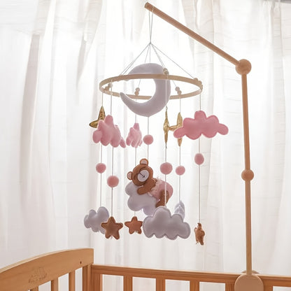 Handmade Baby Sheep & Moon-Star Crib Mobile – Soft Pastel Pink Hanging Nursery Bell with Soothing Sound, Sensory Activity Toy & Baby Shower Gift