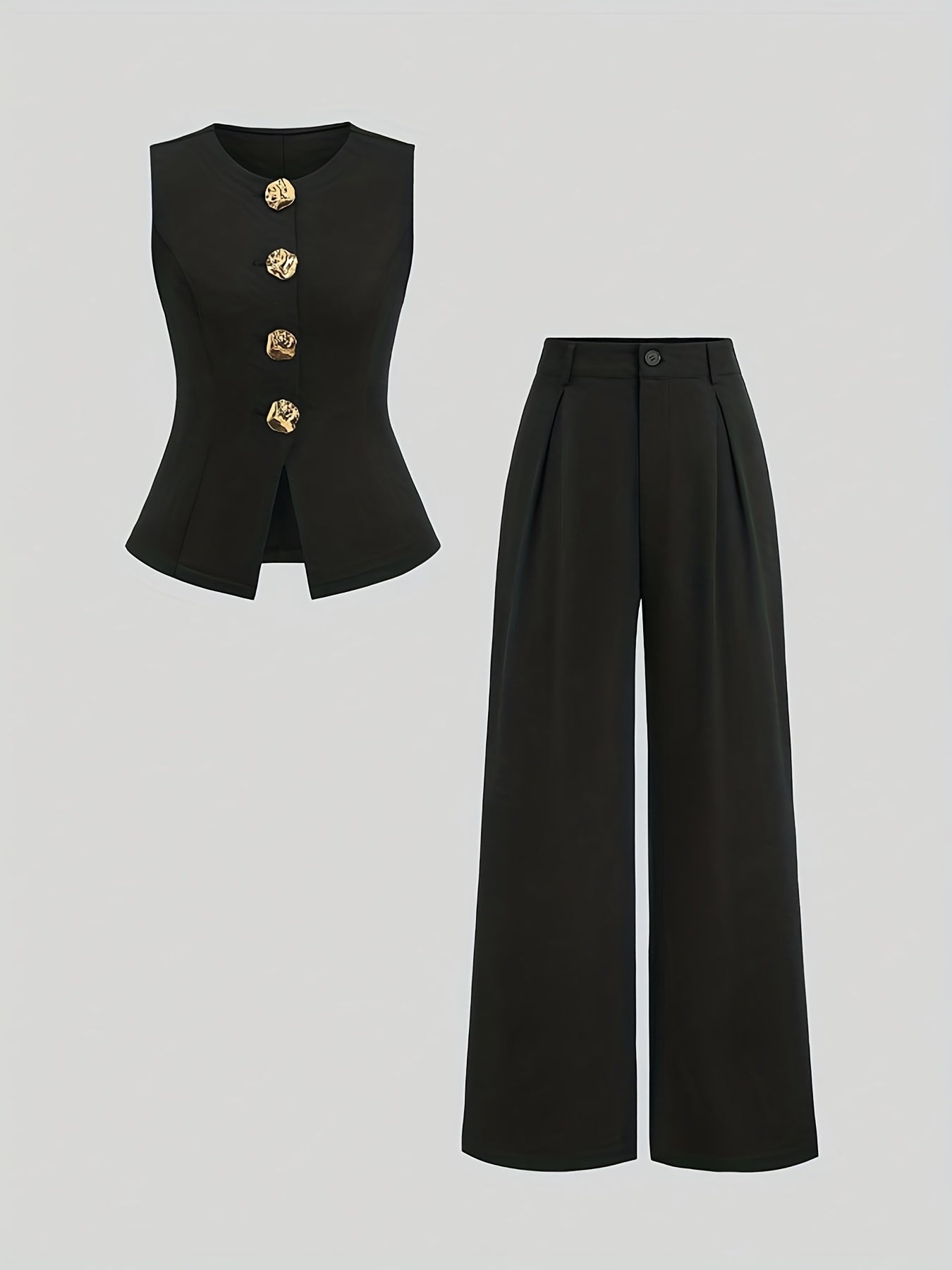 Women’s Elegant Waist-Cinching Vest & Wide-Leg Pants Set – Solid Button-Up Two-Piece Outfit for Office or Casual Wear
