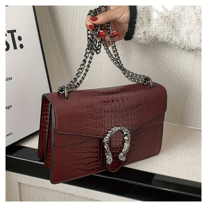 Women’s Luxury Crocodile-Embossed Crossbody Bag – Vintage Faux Leather Shoulder Purse with Adjustable Chain Strap, Zipper & Snap Closure, G-Style Design