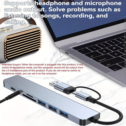 [8-in-1 USB Hub] 8-in-1 USB 3.0 Hub | Type-C Docking Station for Laptops & Desktops with Multi-Port Simultaneous Use, High-Speed Scaling, CD/TF Card Reader, Keyboard, Mouse, Hard Drive, and Fan Connections