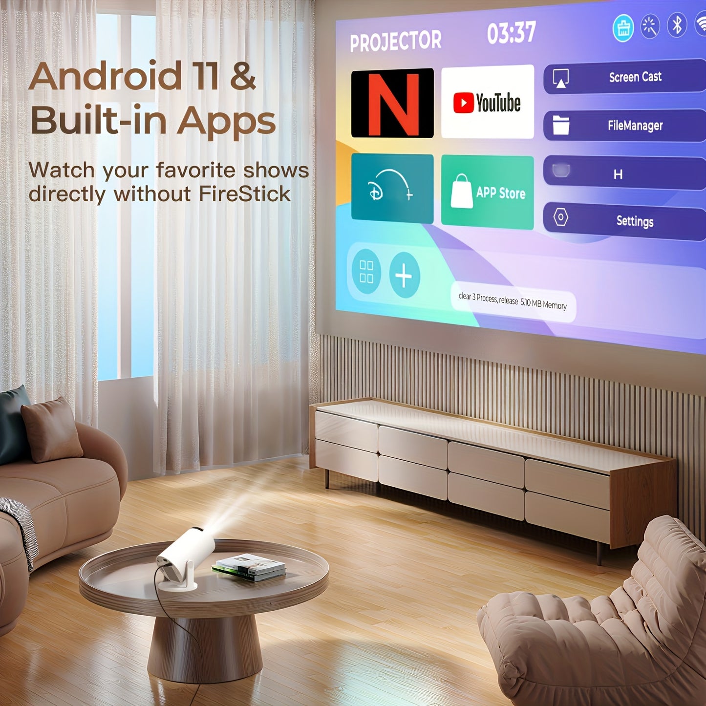 2026 HY300PRO Mini Projector — Portable 720P with WiFi, Bluetooth, 4K Support, Auto Keystone & 180° Rotation, Smart Android 11 for Home or Outdoor Use