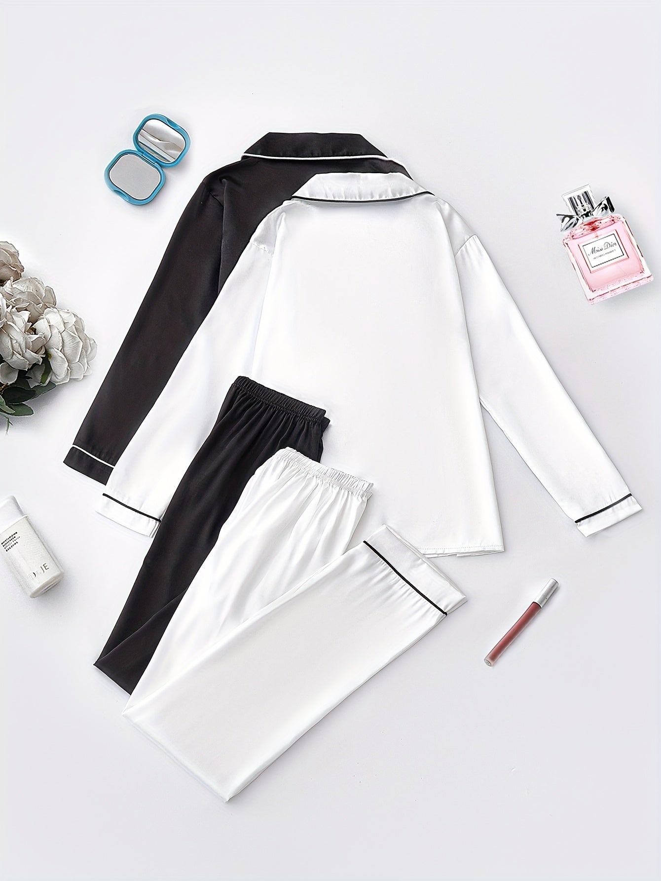 Women’s 2-Set Satin Pajama Collection – Long-Sleeve & Long-Pants Solid Color Sleepwear with Turned Collar and Elegant Button Detailing for Autumn/Winter