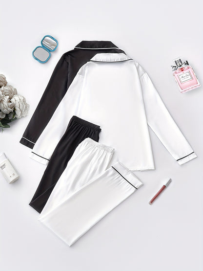 Women’s 2-Set Satin Pajama Collection – Long-Sleeve & Long-Pants Solid Color Sleepwear with Turned Collar and Elegant Button Detailing for Autumn/Winter